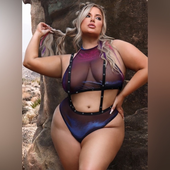 Other - Iridescent Mesh Halter Top & Suspender Bottoms with UV Reactive Star set